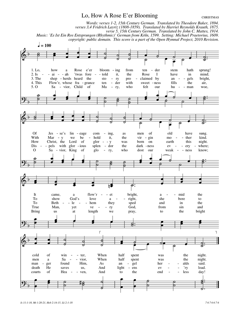 Lo, How A Rose E'er Blooming Piano Sheet Music Page 1 Free PDF