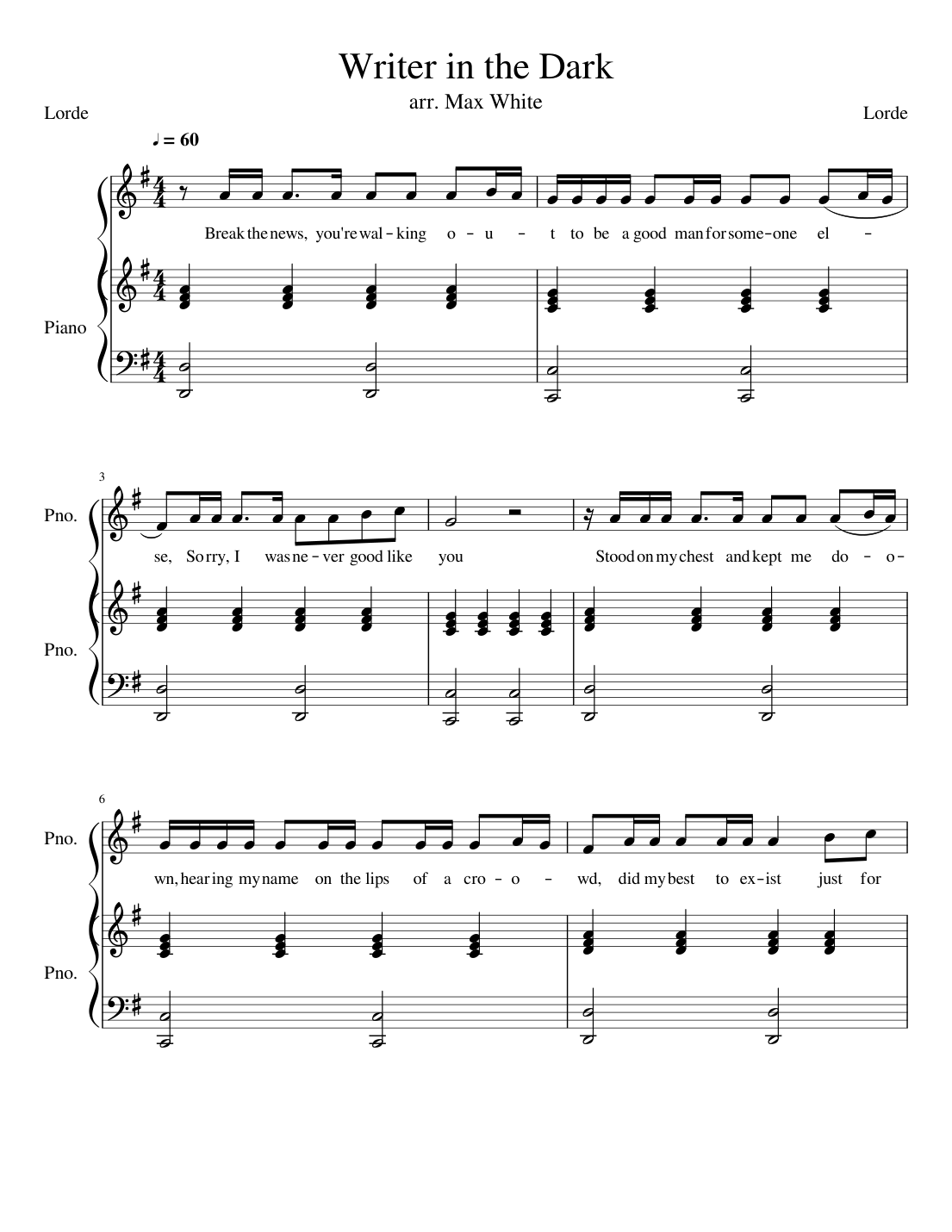 Writer In The Dark Piano Sheet Music Page 1 Free PDF