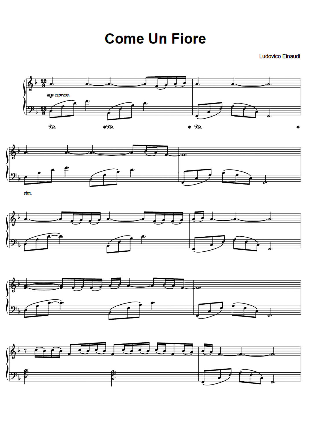 Come Un Fiore Piano Sheet Music Score Page 1