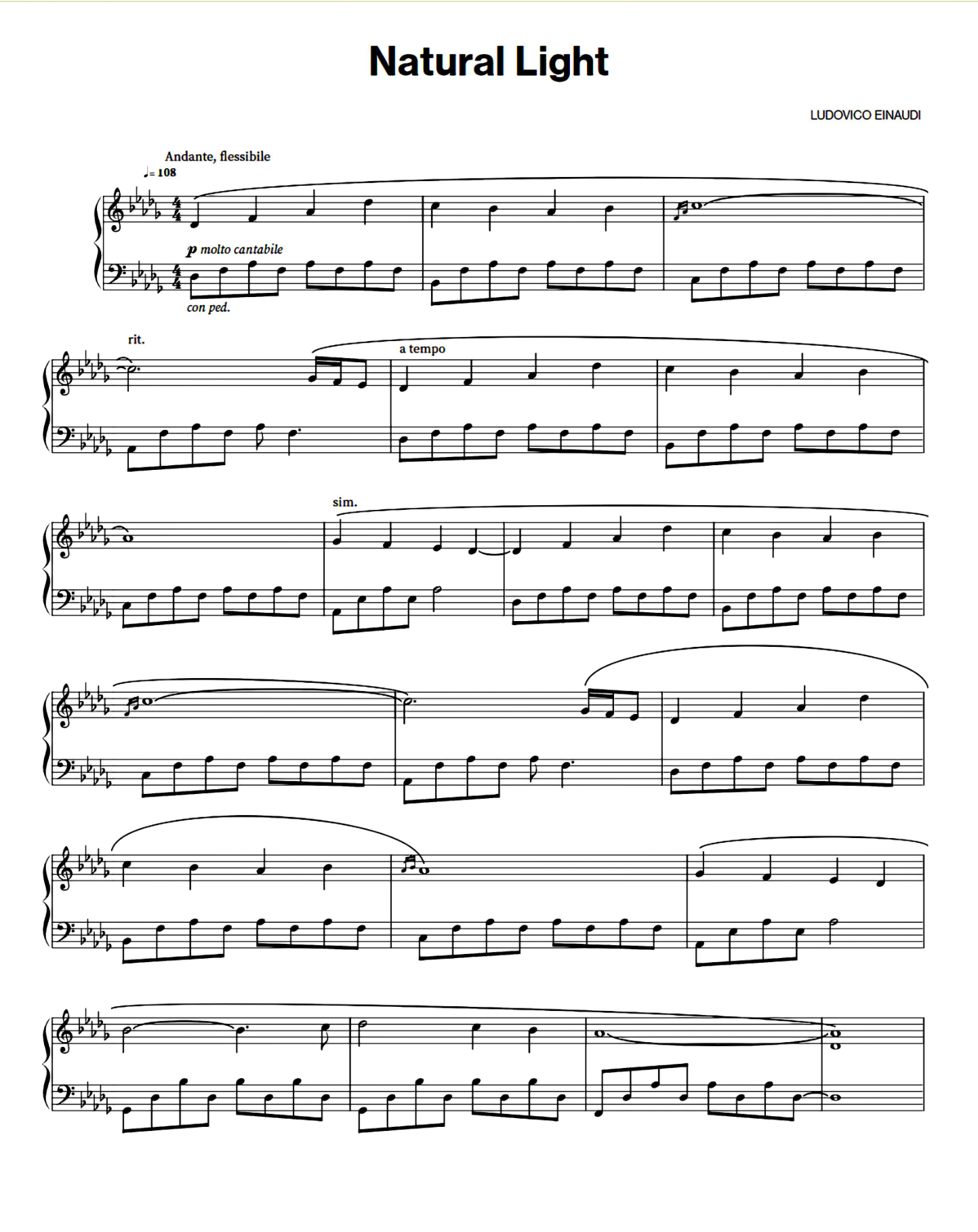 Natural Light Piano Sheet Music Score Page 1