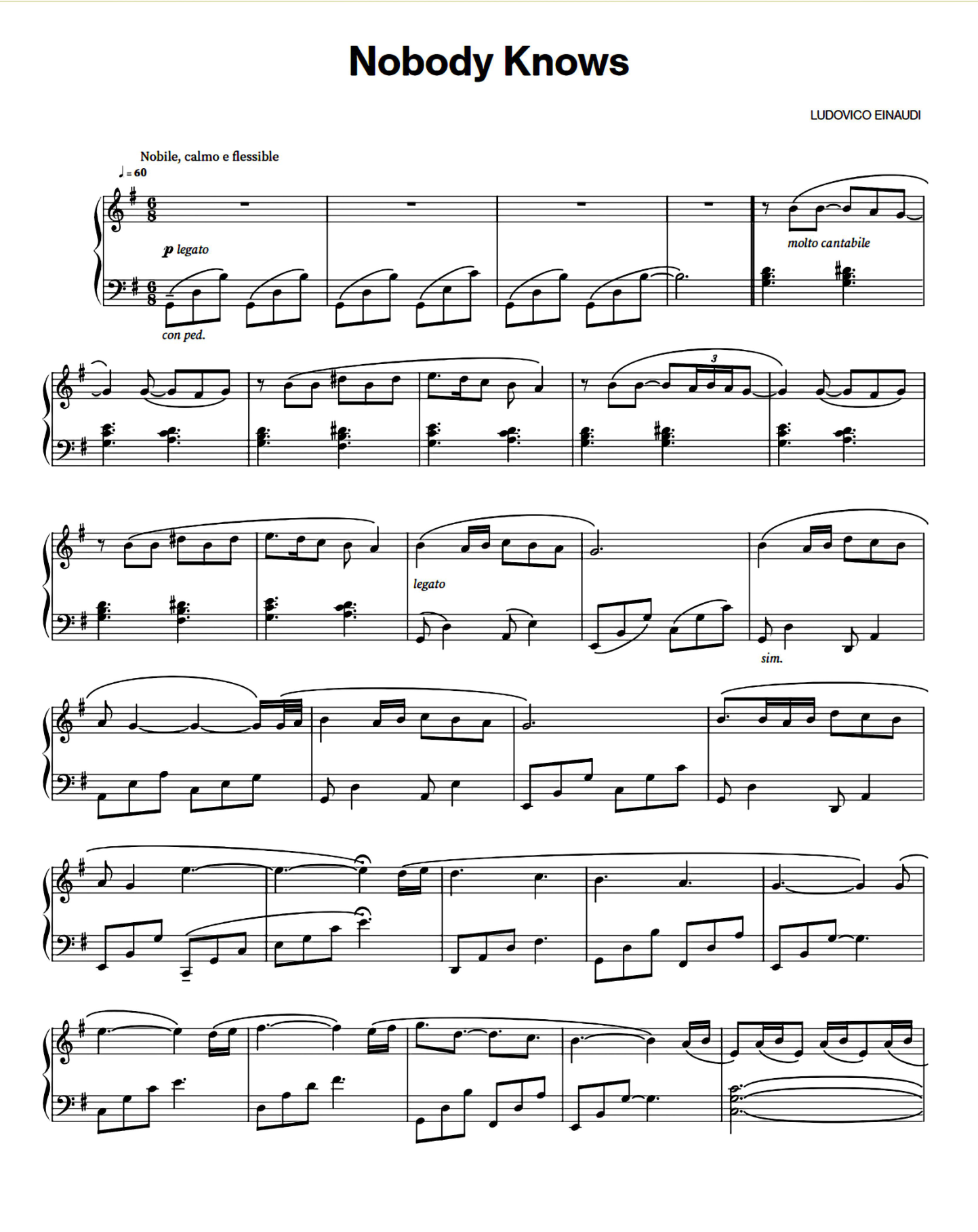 Nobody Knows Piano Sheet Music Score Page 1