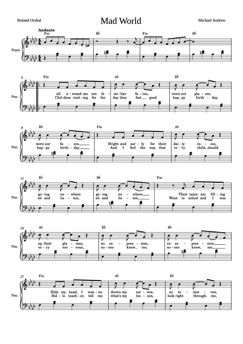 Mad World Piano Sheet Music Page 1 Free PDF