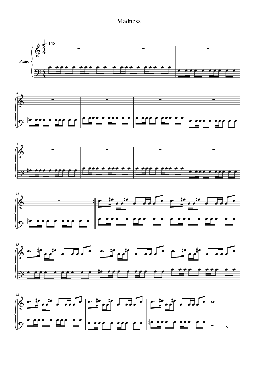 Madness Piano Sheet Music Score Page 1