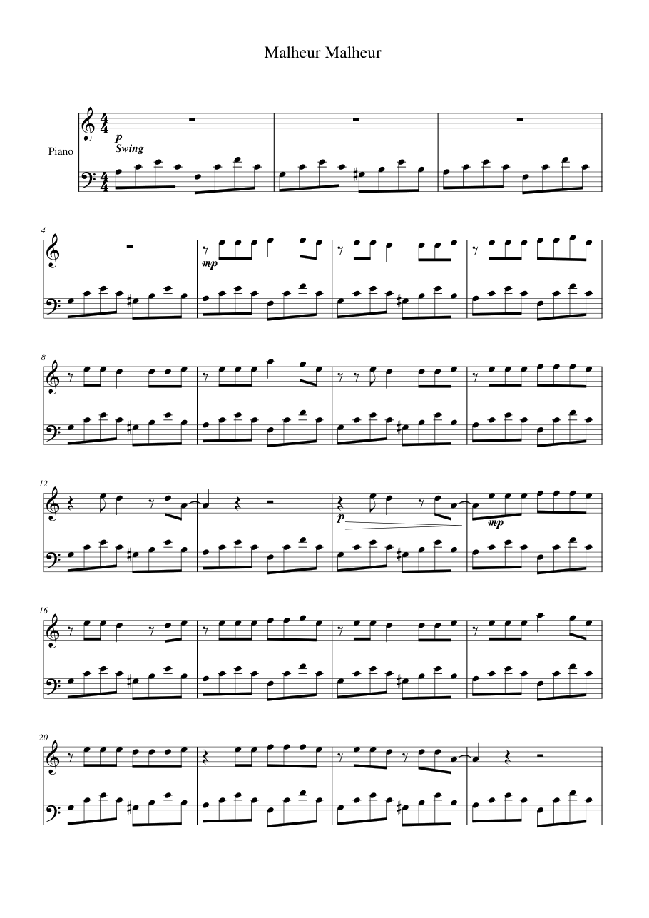 Malheur Malheur Piano Sheet Music Score Page 1