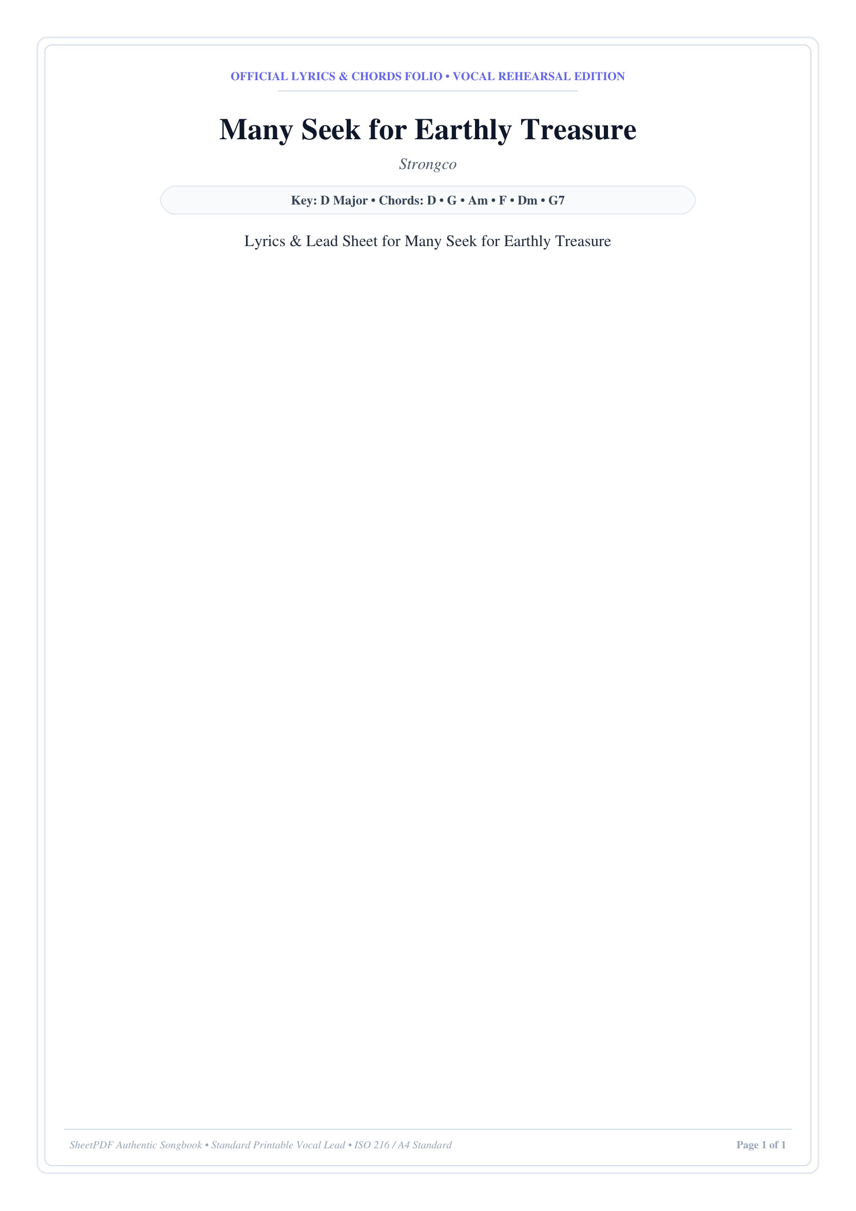 Many Seek for Earthly Treasure Piano Sheet Music Score Page 1