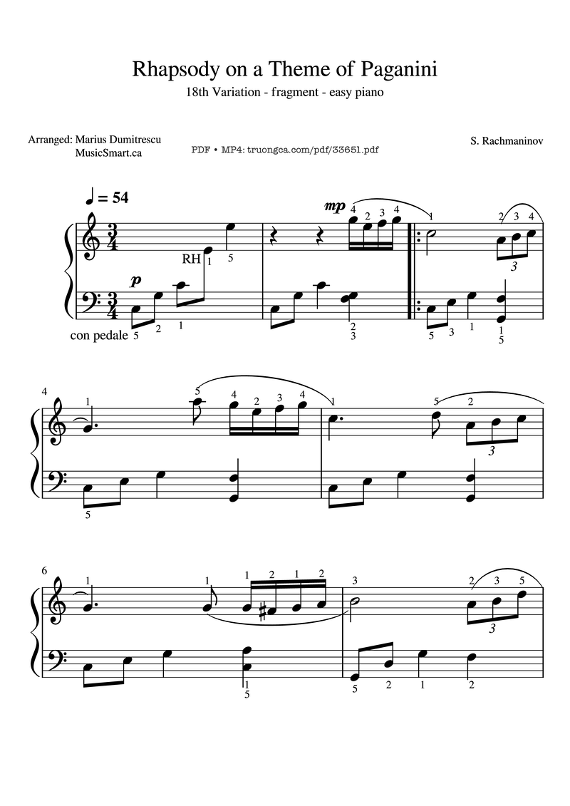 Rhapsody on a Theme of Paganini, Op. 43 Variation XII Piano Sheet Music Page 1 Free PDF