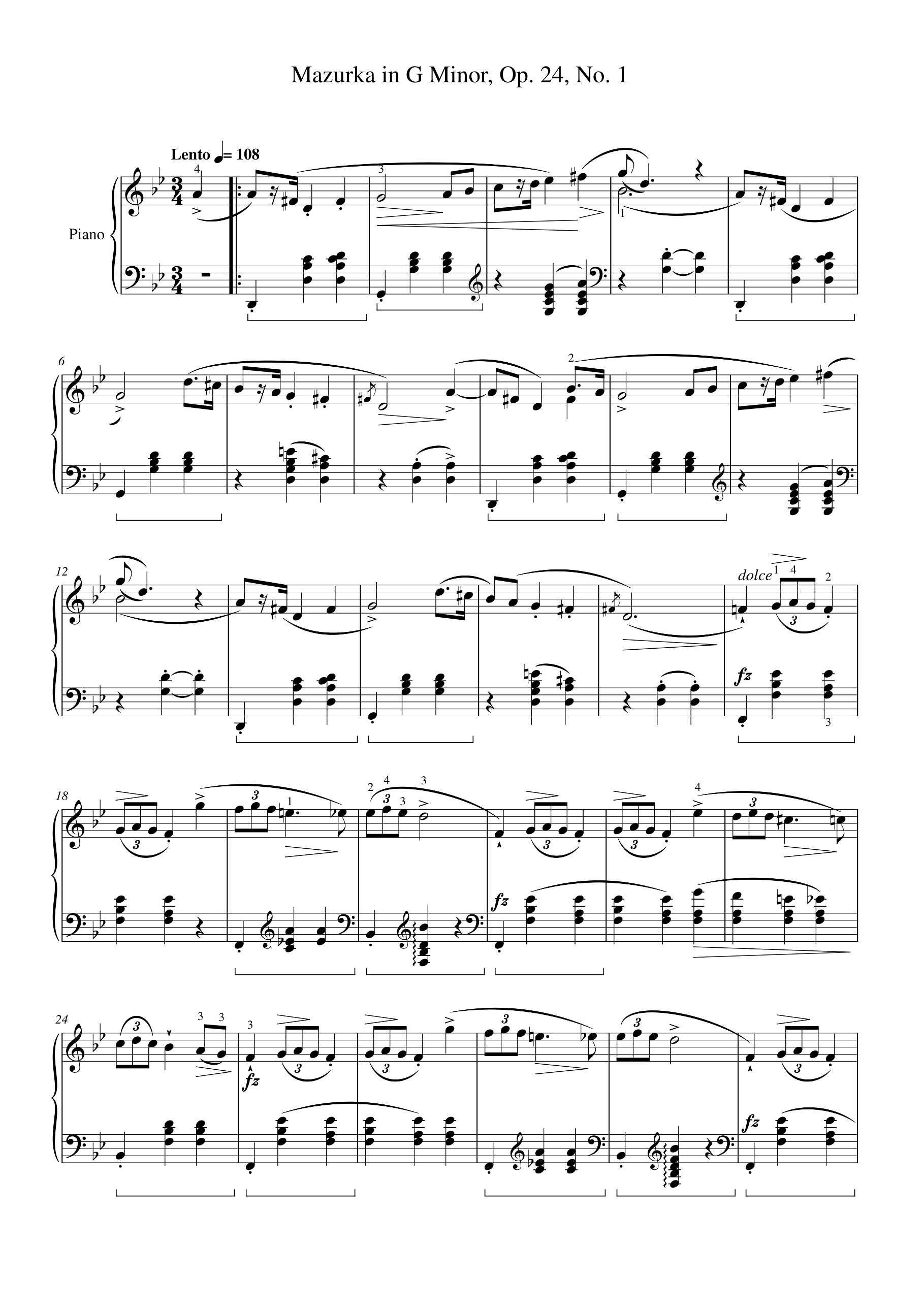 Mazurka in G Minor, Op. 24, No. 1 Piano Sheet Music Page 1 Free PDF