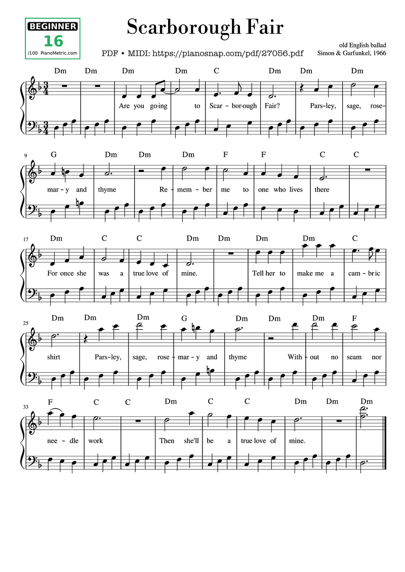 Scarborough Fair Piano Sheet Music Page 1 Free PDF