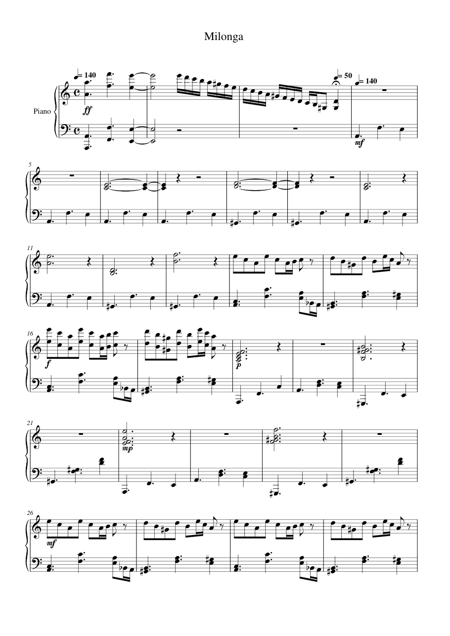 Milonga Piano Sheet Music Score Page 1