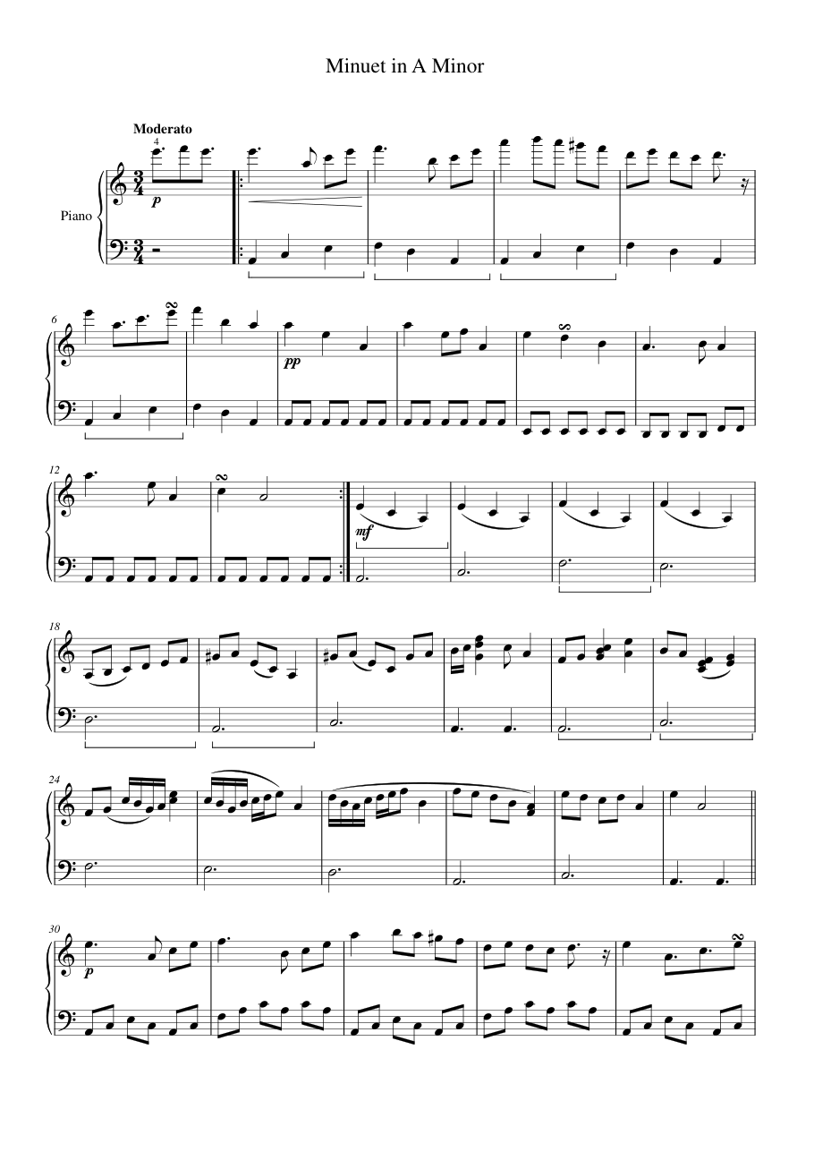 Minuet in A Minor Piano Sheet Music Page 1 Free PDF