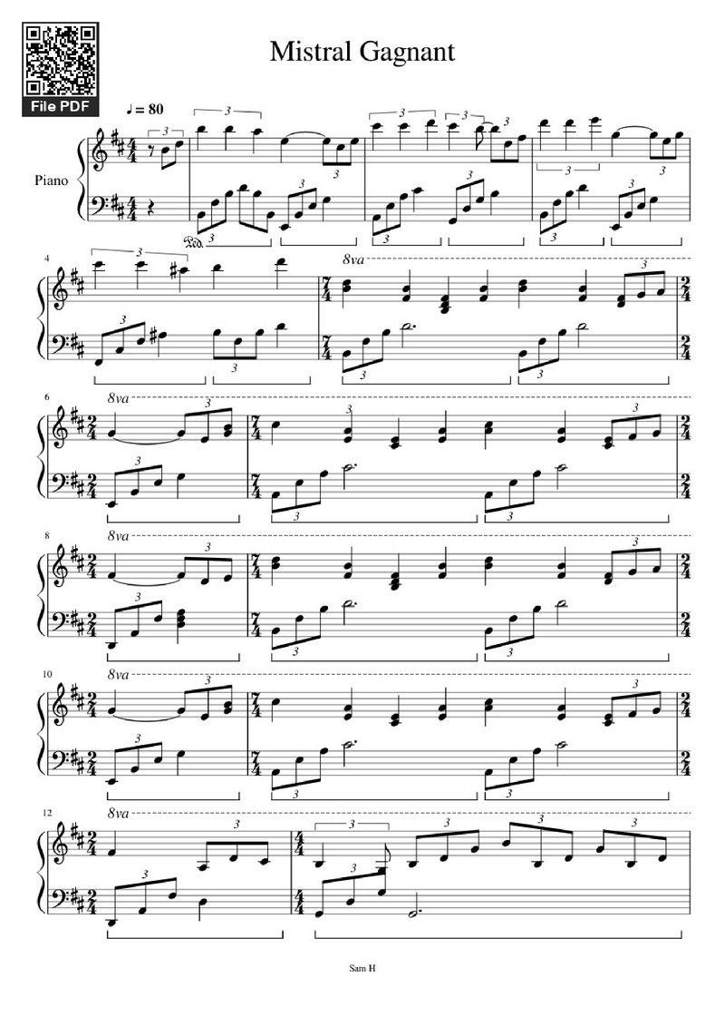 Mistral gagnant Piano Sheet Music Page 1 Free PDF