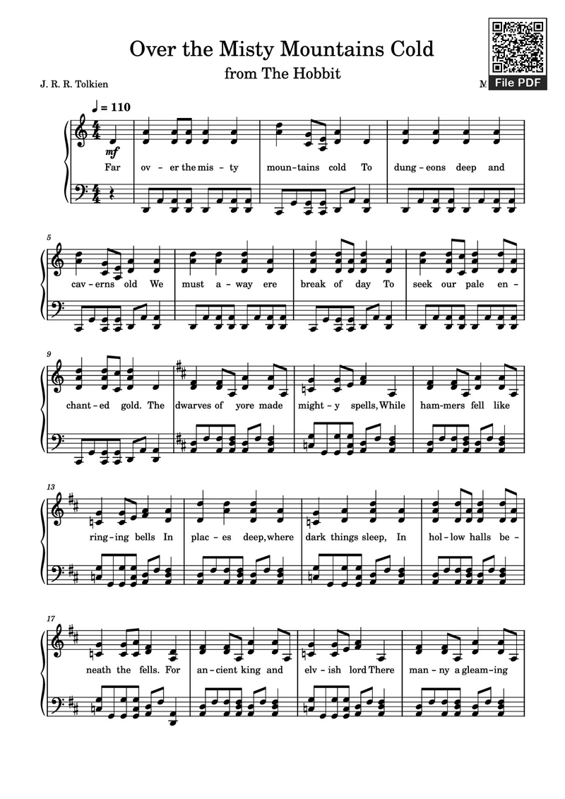 Misty Mountains Cold Piano Sheet Music Score Page 1