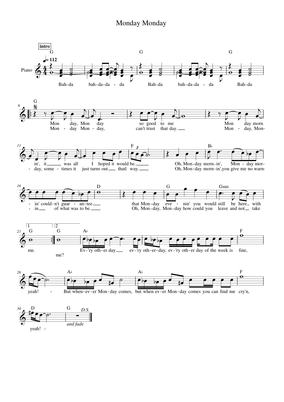 Monday Monday Piano Sheet Music Score Page 1