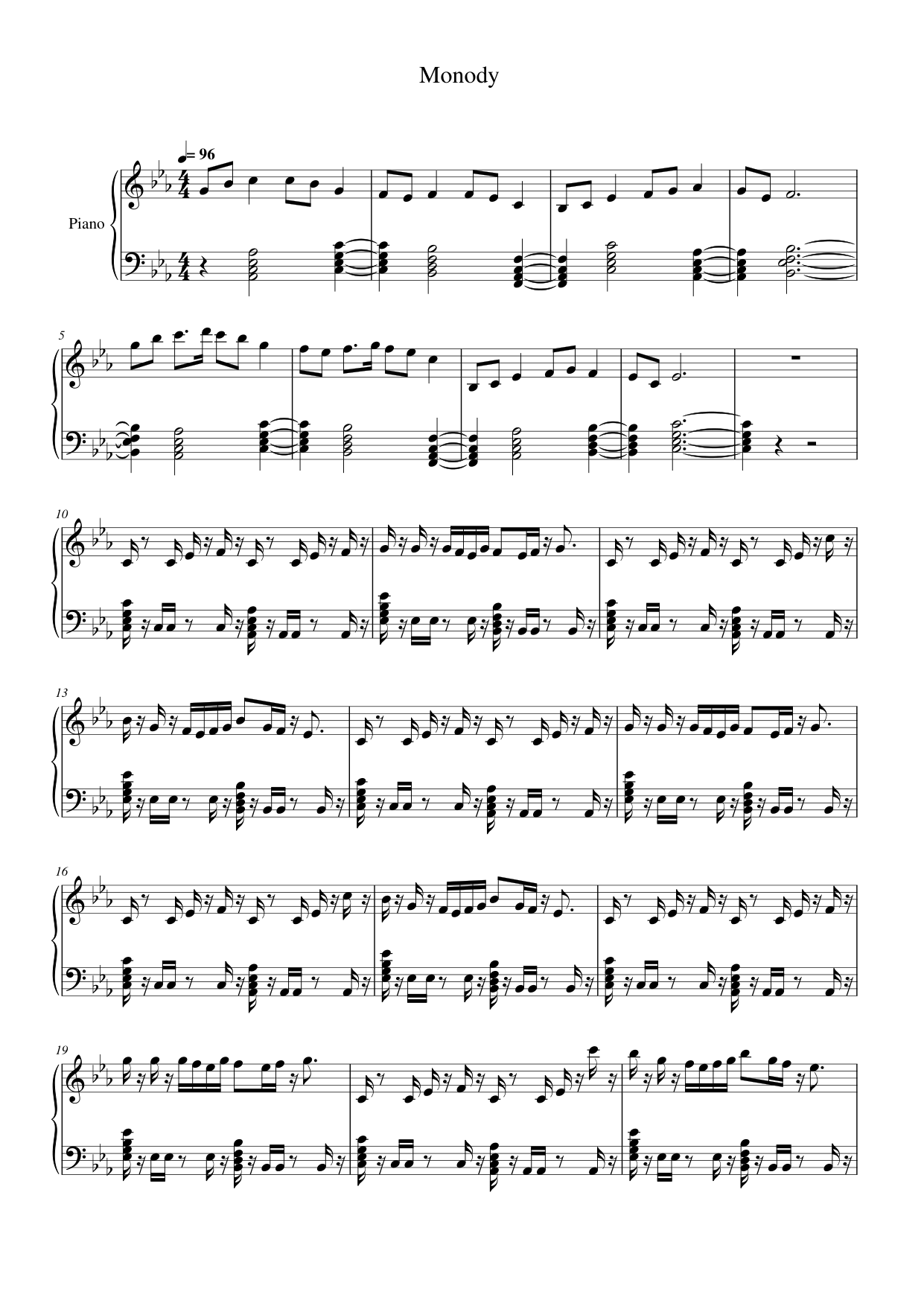 Monody Piano Sheet Music Score Page 1