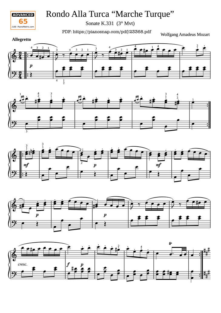 Rondo Alla Turca - Marche Turque - Turkish March fingered Piano Piano Sheet Music Page 1 Free PDF