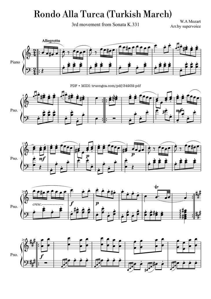 Rondo Alla Turca (Turkish March) Piano Piano Sheet Music Page 1 Free PDF