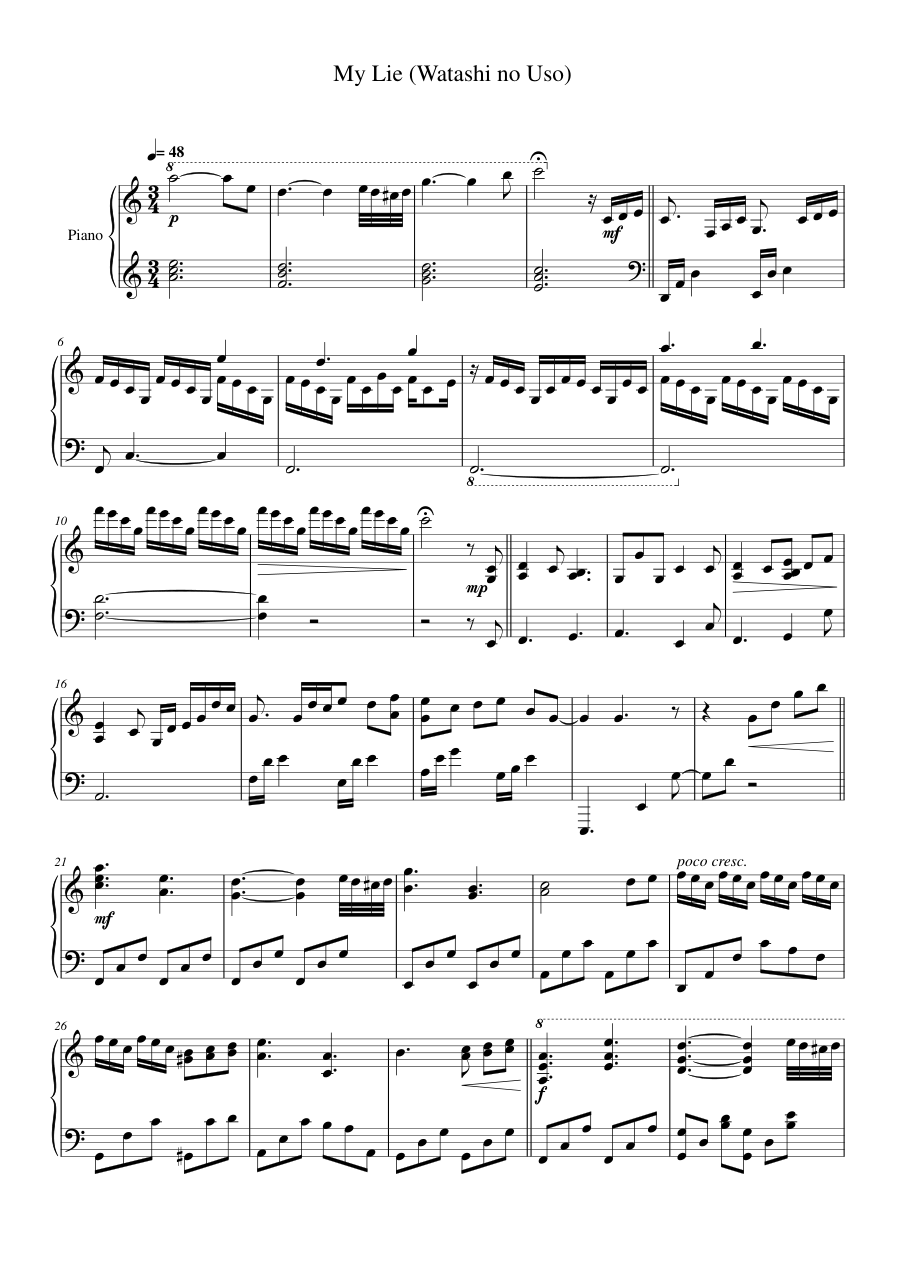 My Lie (Watashi no Uso) Piano Sheet Music Page 1 Free PDF