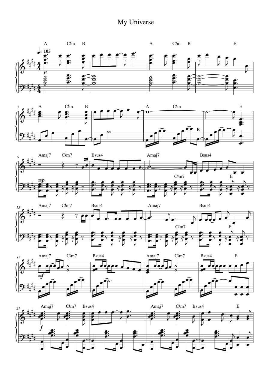 My Universe Piano Sheet Music Page 1 Free PDF