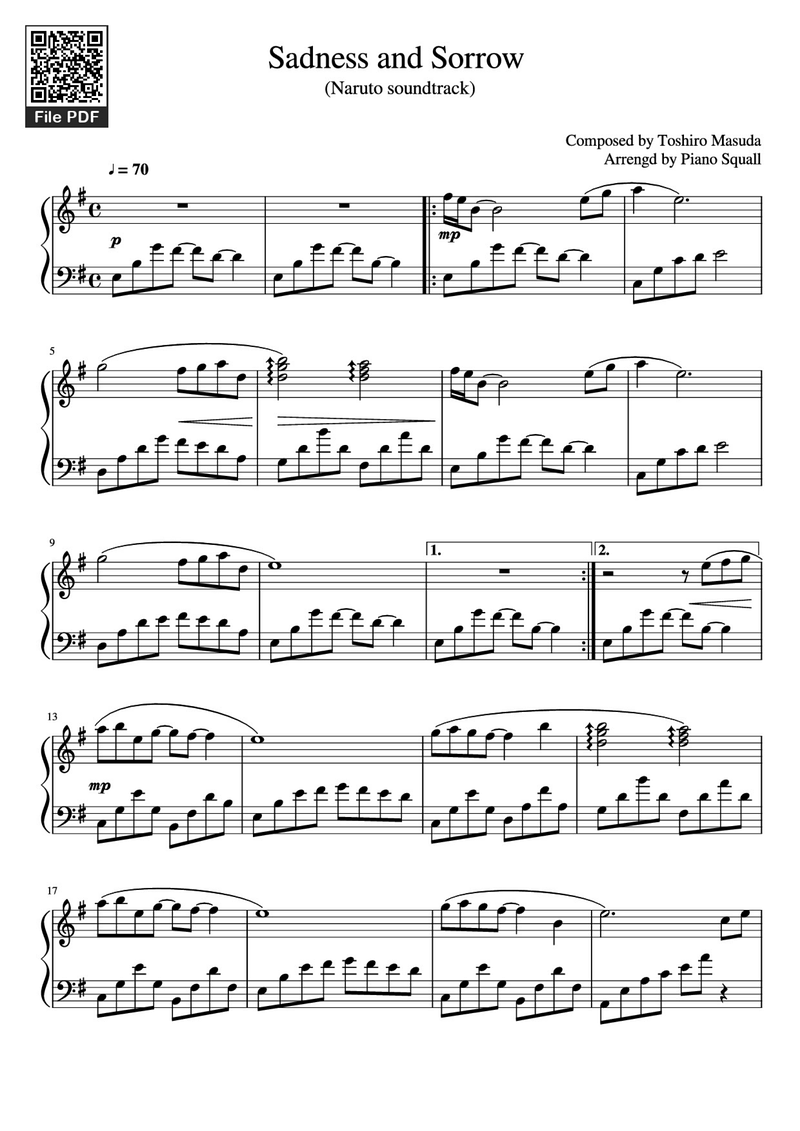 Sadness and Sorrow Piano Sheet Music Free PDF