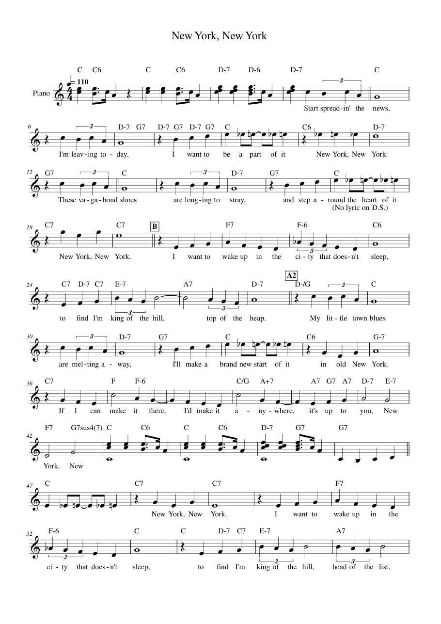 New York, New York Piano Sheet Music Page 1 Free PDF