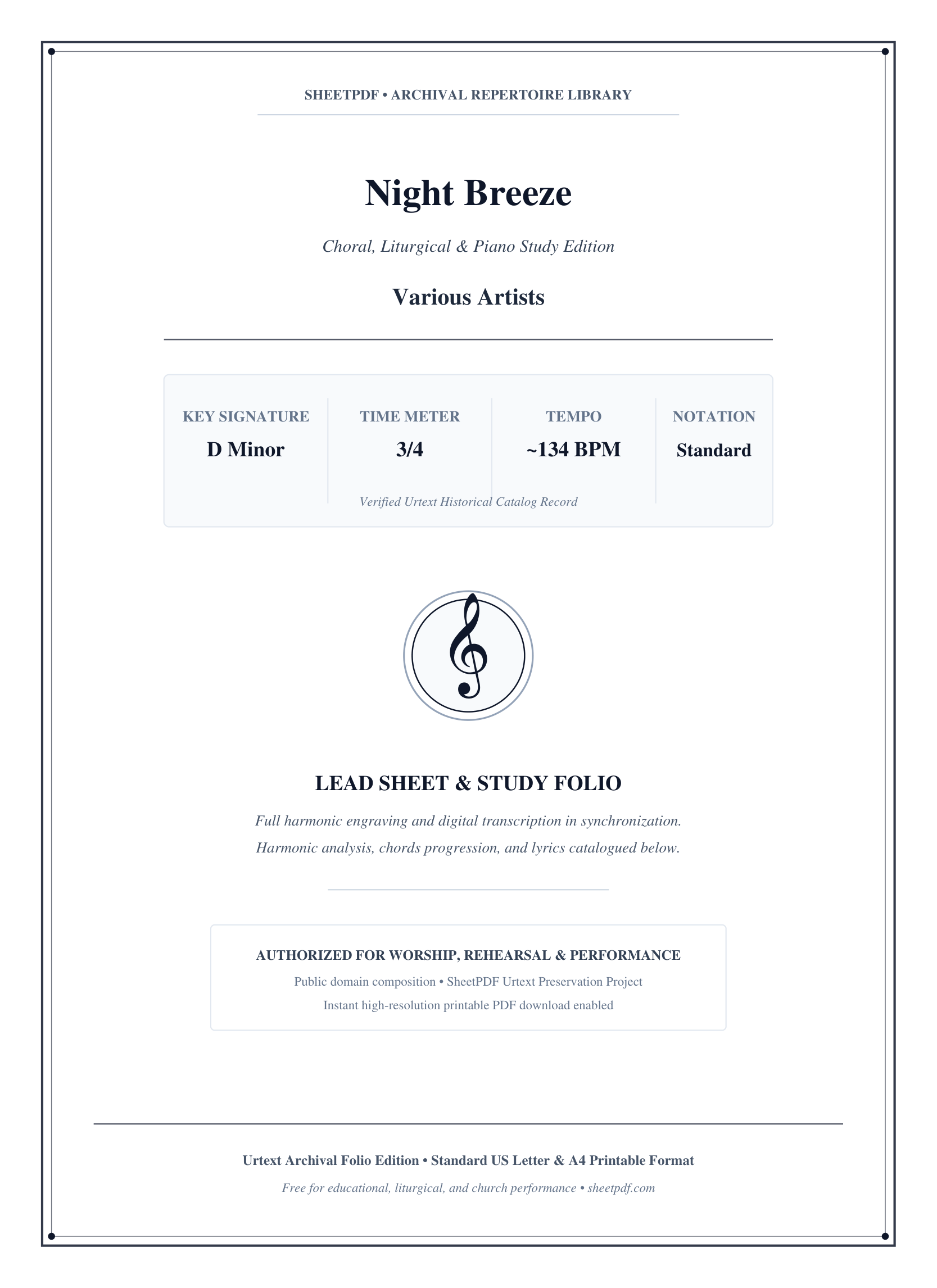 Night Breeze Piano Sheet Music Score Page 1