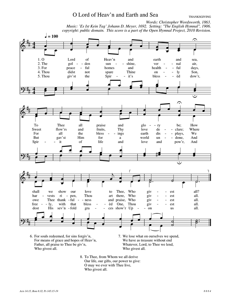 O Lord Of Heaven and Earth and Sea Piano Sheet Music Page 1 Free PDF