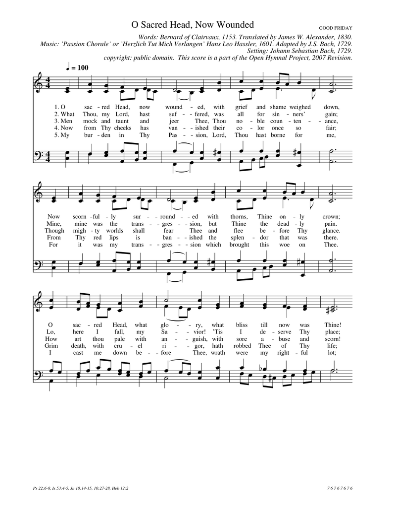 O Sacred Head, Now Wounded Piano Sheet Music Page 1 Free PDF