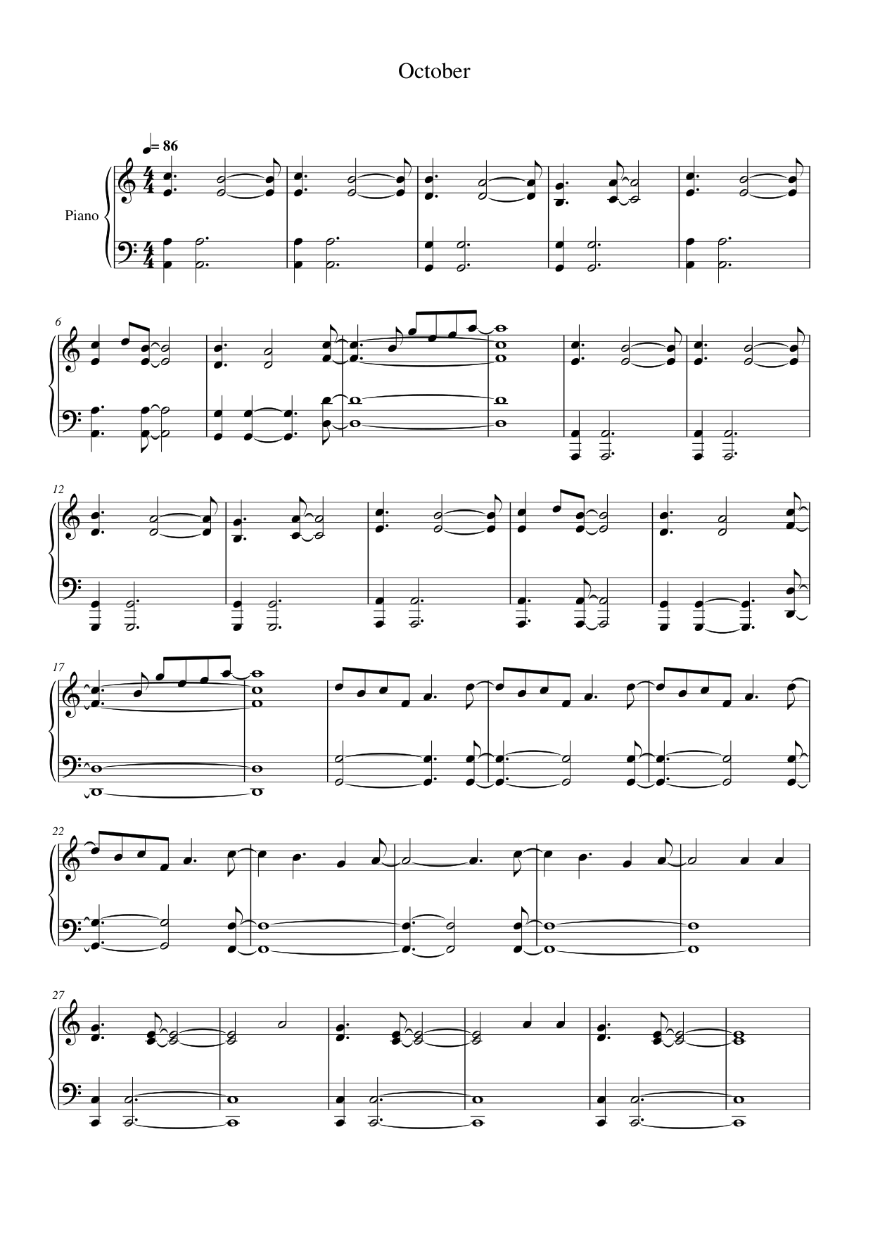 October Piano Sheet Music Score Page 1