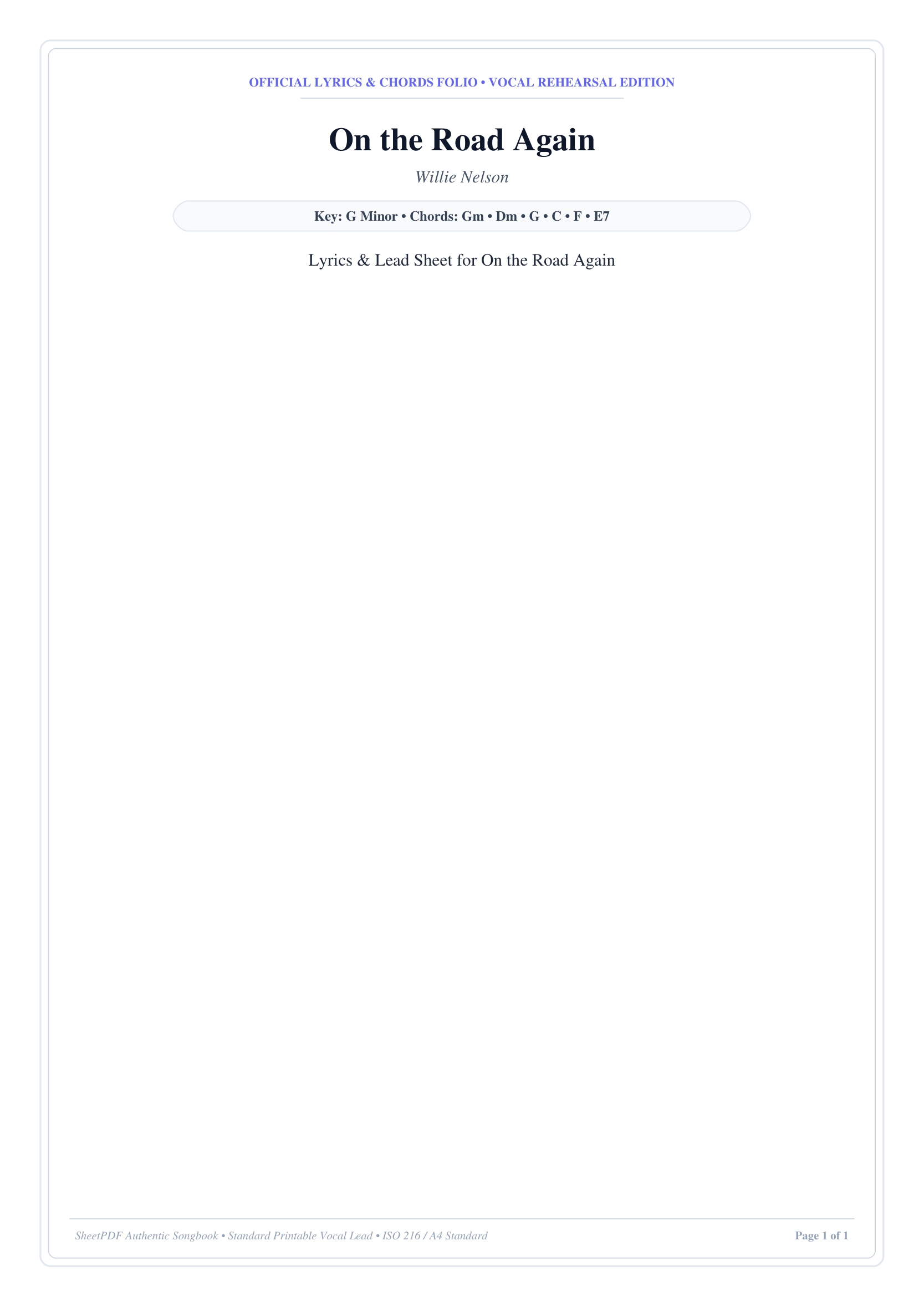 On the Road Again Piano Sheet Music Score Page 1