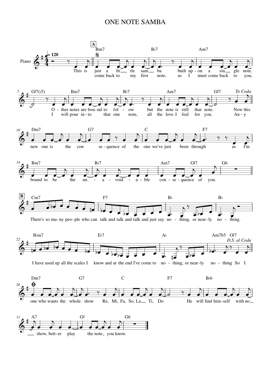 One Note Samba Piano Sheet Music Score Page 1
