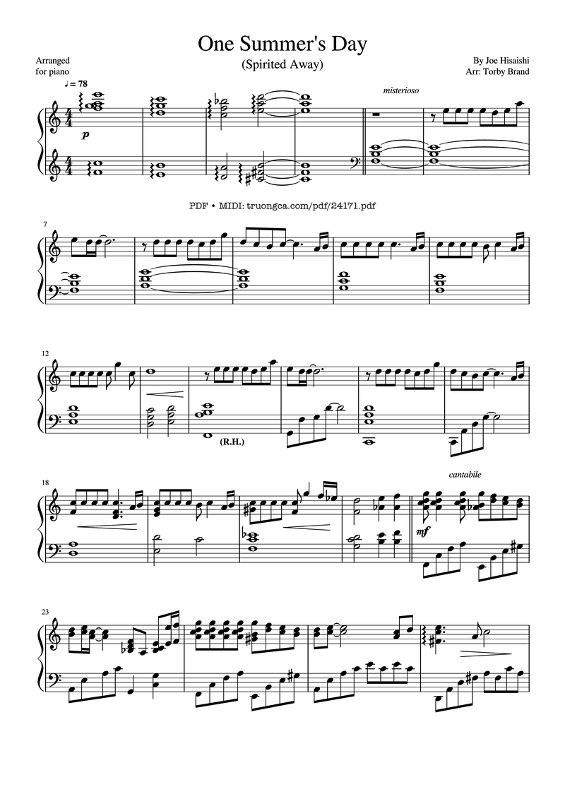 One Summer's Day Piano Sheet Music Page 1 Free PDF
