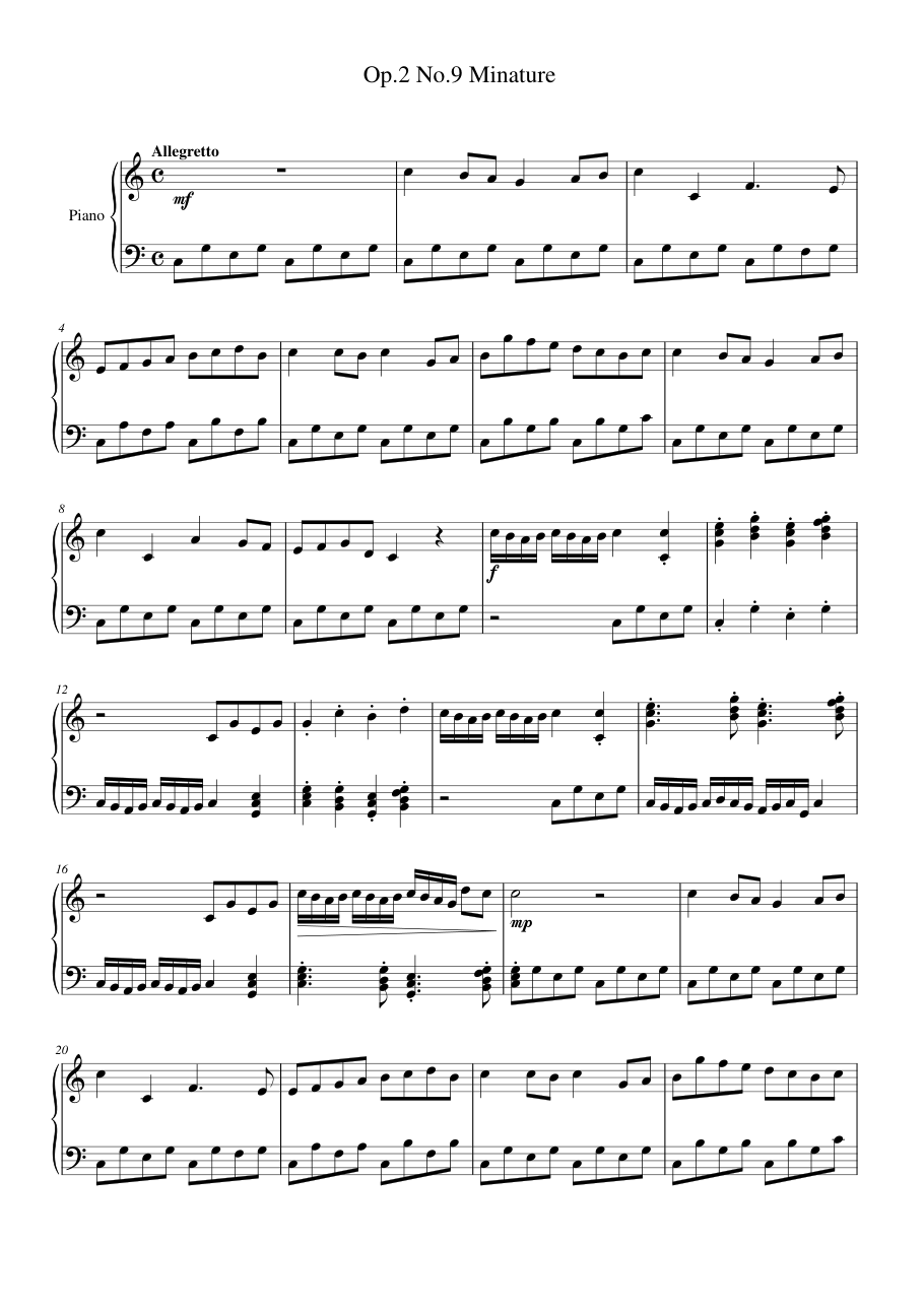 Op.2 No.9 Minature Piano Sheet Music Page 1 Free PDF