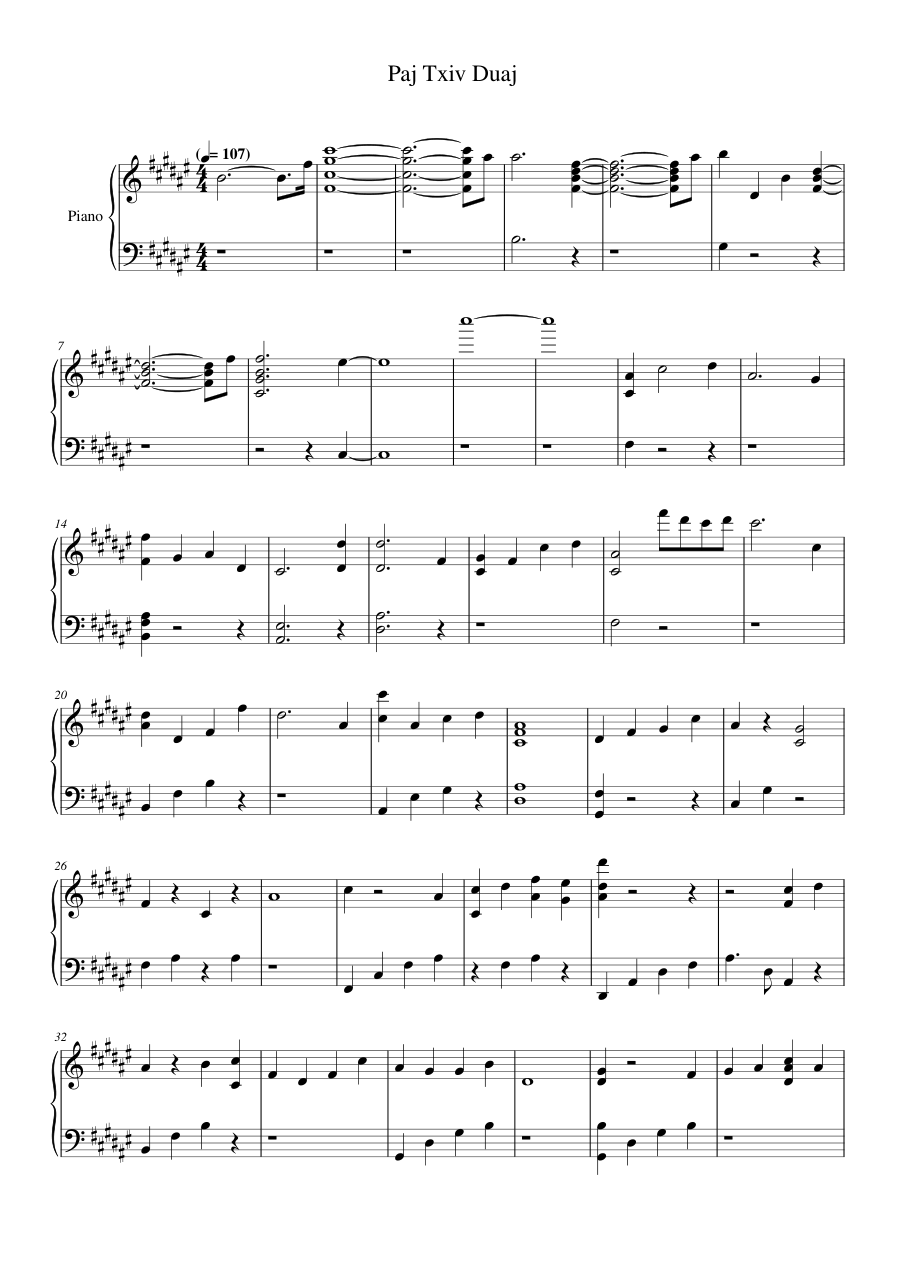 Paj Txiv Duaj Piano Sheet Music Score Page 1