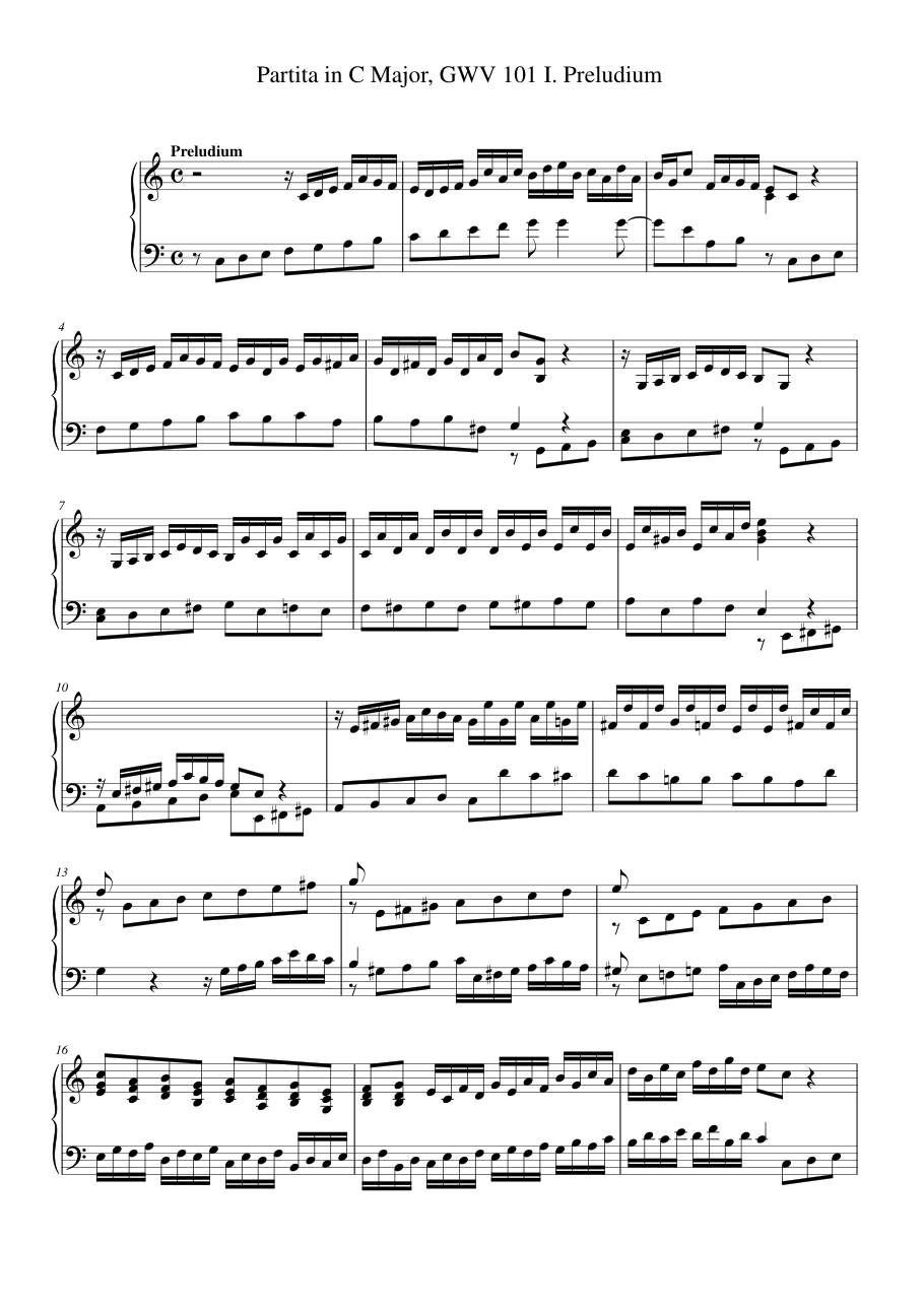 Partita in C Major, GWV 101 I. Preludium Piano Sheet Music Page 1 Free PDF