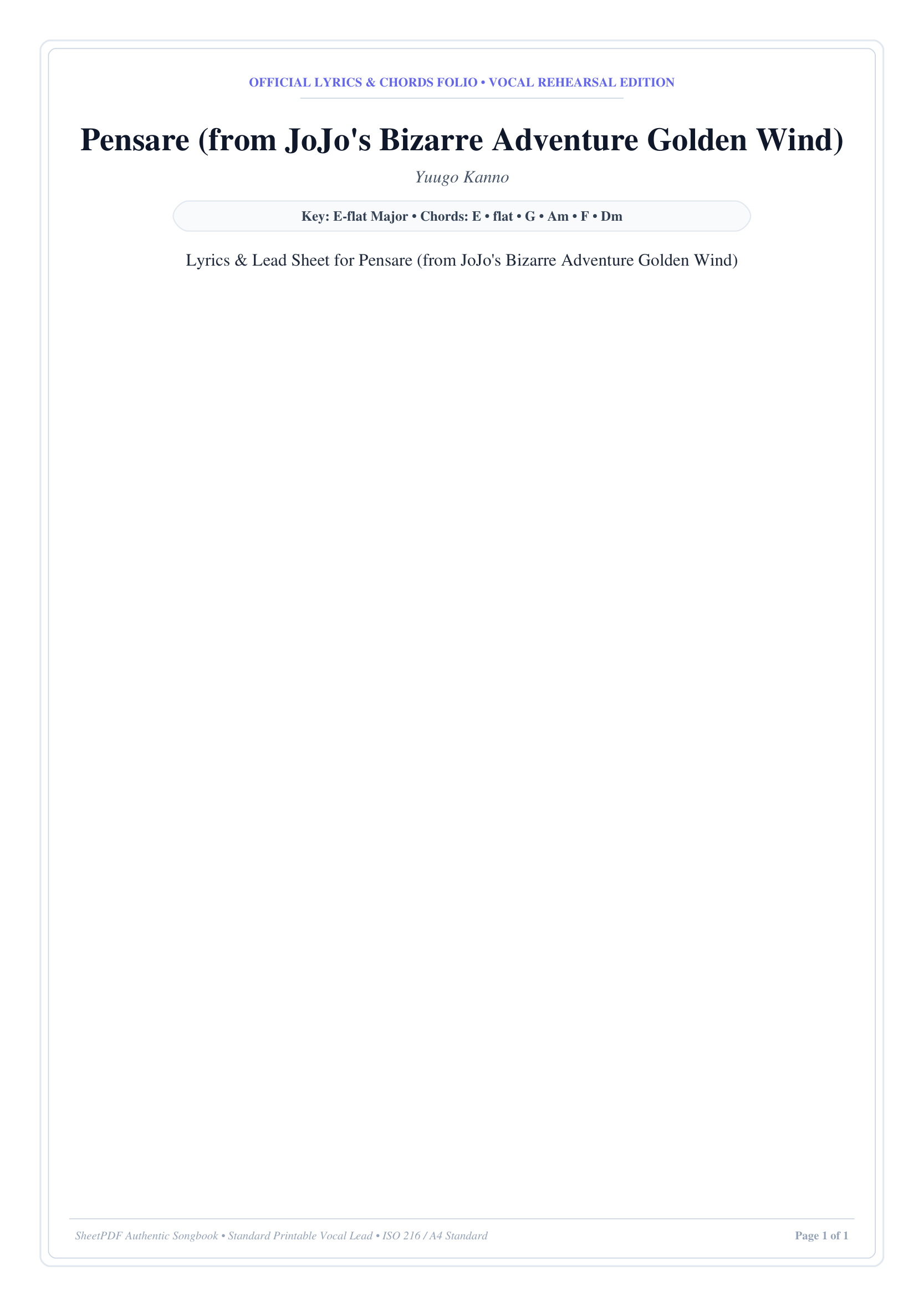 Pensare (from JoJo's Bizarre Adventure Golden Wind) Piano Sheet Music Score Page 1