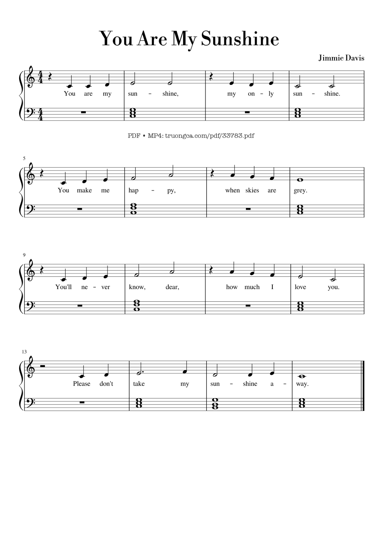 You are my sunshine, my only sunshine Piano Sheet Music Page 1 Free PDF