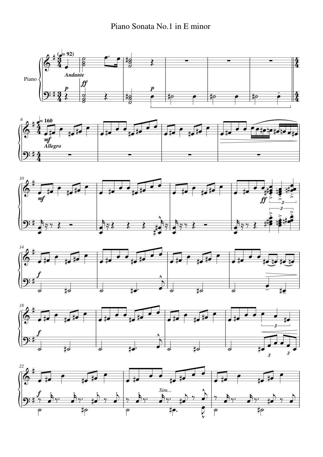 Piano Sonata No.1 in E minor Piano Sheet Music Page 1 Free PDF