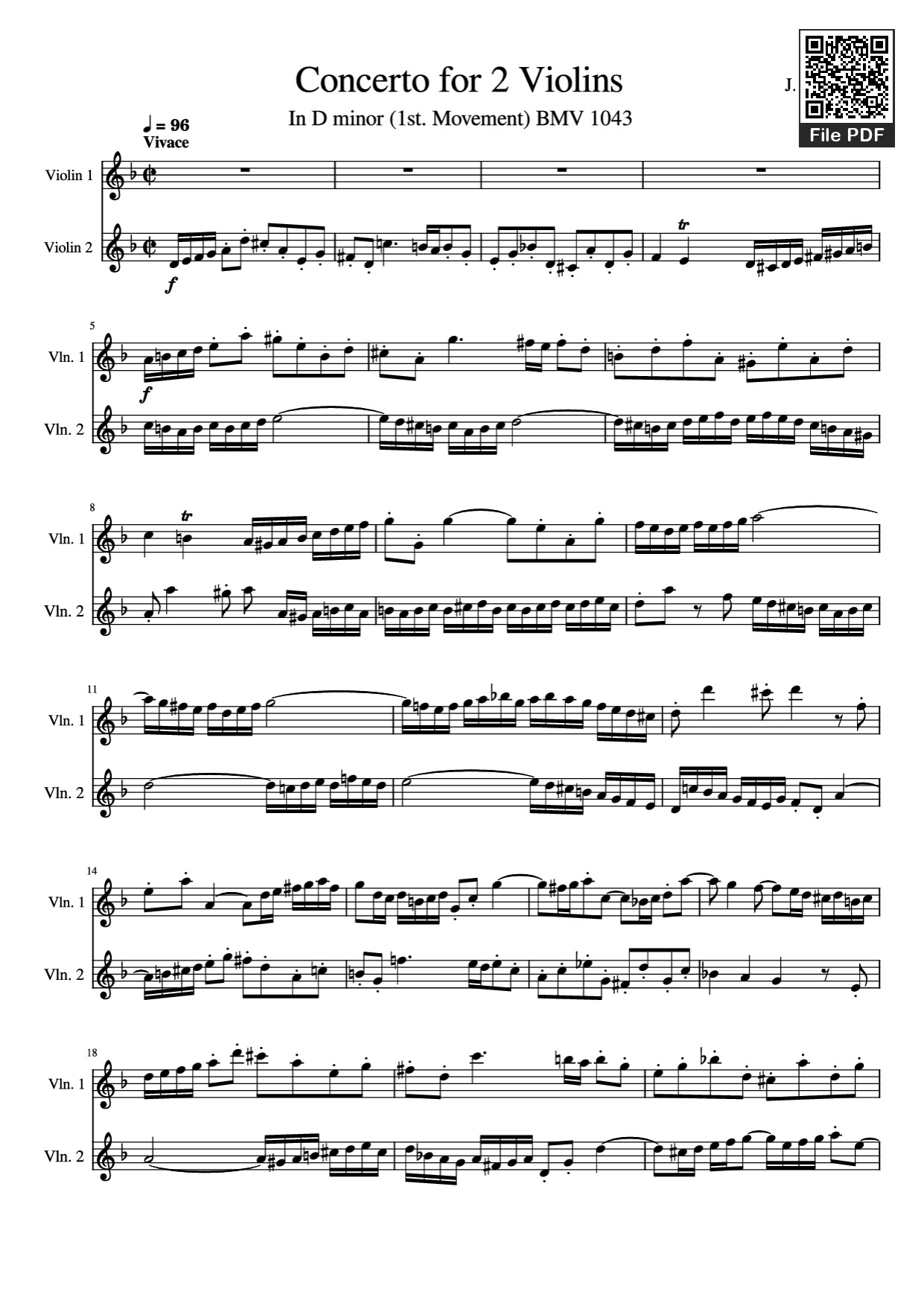 Concerto for 2 Violins Piano Sheet Music Page 1 Free PDF