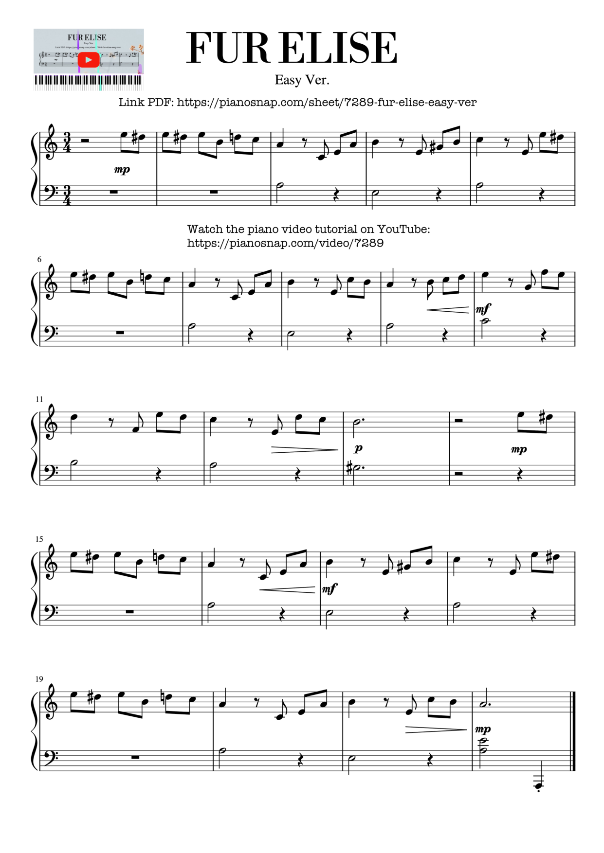 Für Elise Piano EASY Piano Sheet Music Page 1 Free PDF