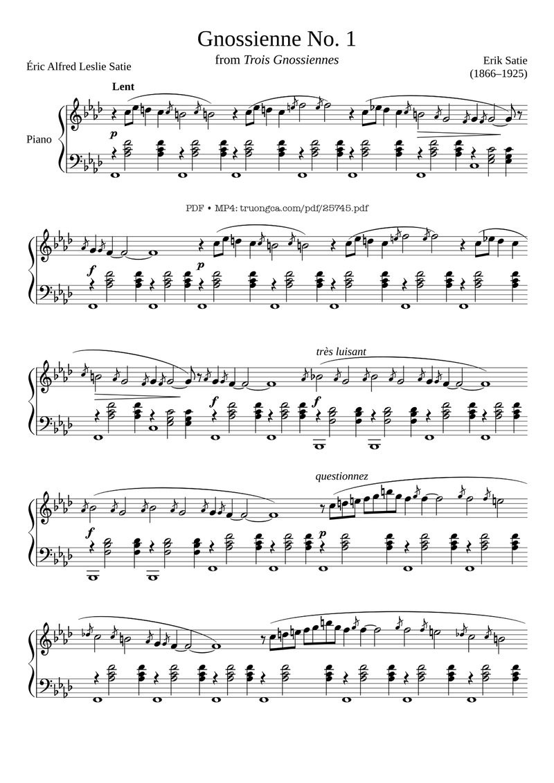 Gnossienne No. 1 Piano Sheet Music Page 1 Free PDF