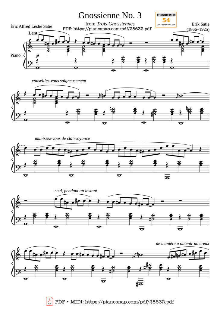 Gnossienne No. 3 Piano Sheet Music Page 1 Free PDF