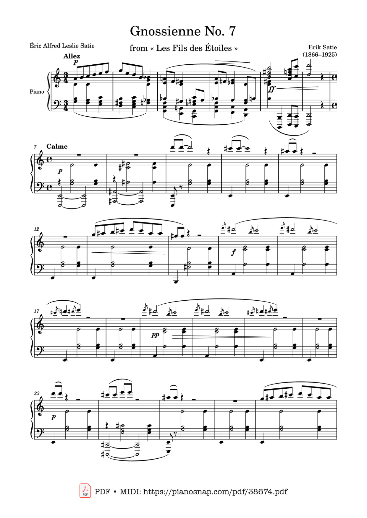 Gnossienne No. 7 Piano Sheet Music Page 1 Free PDF