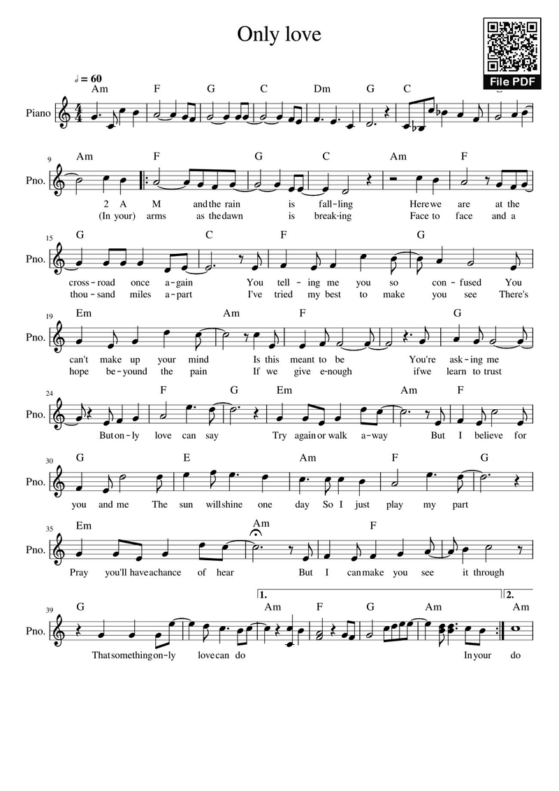 Key C major A minor C Am Piano Sheet Music Page 1 Free PDF