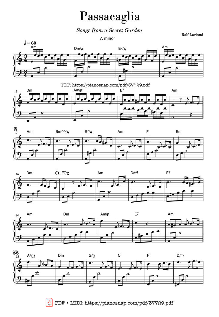 Passacaglia (Secret Garden) Piano Sheet Music Page 1 Free PDF