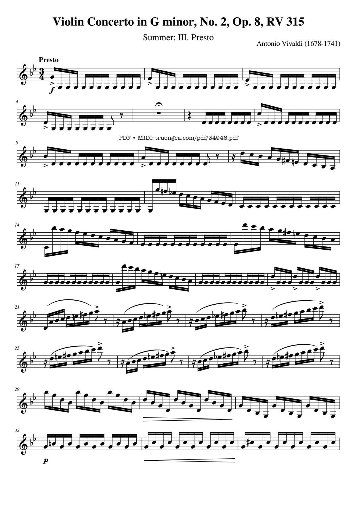 Violin Concerto in G minor, No. 2, Op. 8, RV 315 Piano Sheet Music Page 1 Free PDF