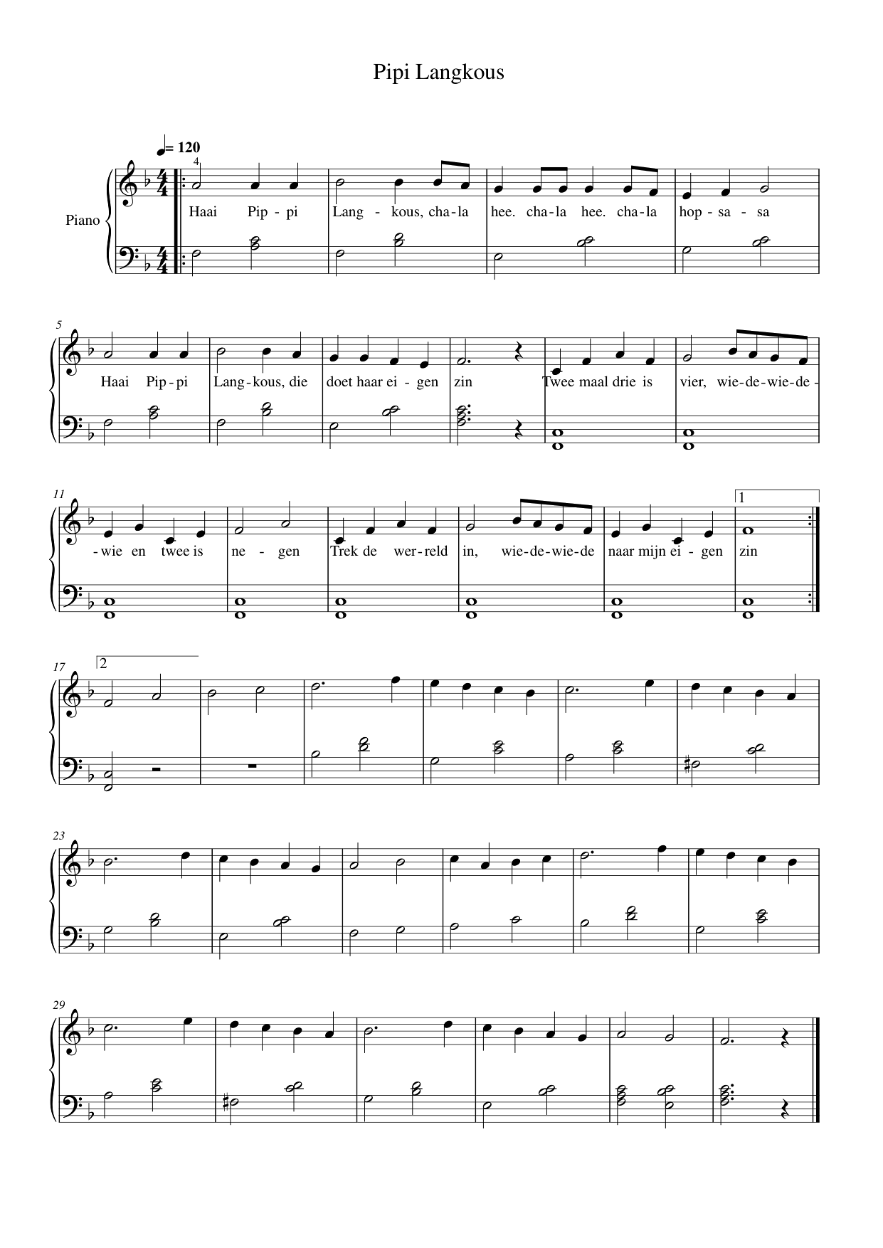 Pipi Langkous Piano Sheet Music Score Page 1