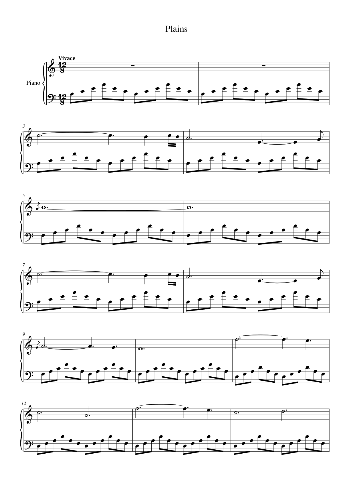 Plains Piano Sheet Music Score Page 1
