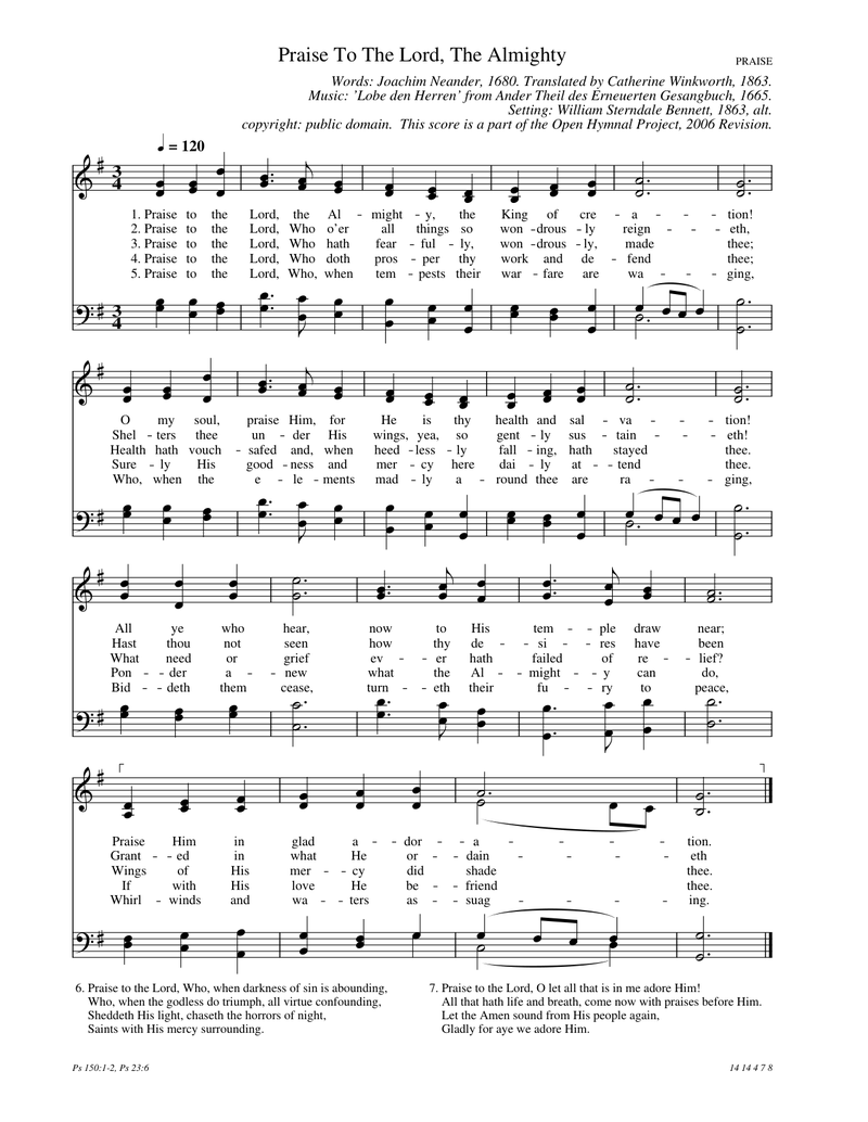Praise to the Lord, the Almighty Piano Sheet Music Page 1 Free PDF