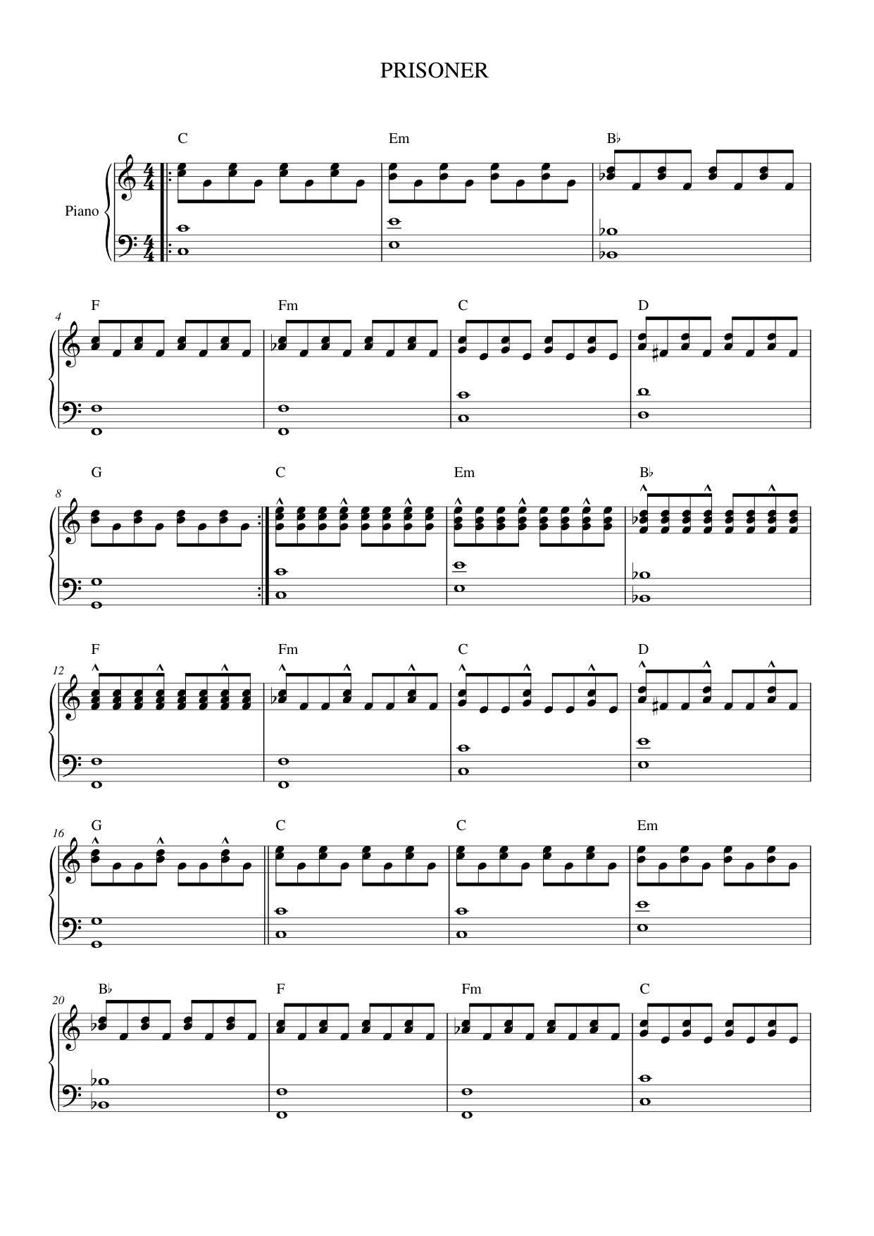 PRISONER Piano Sheet Music Score Page 1