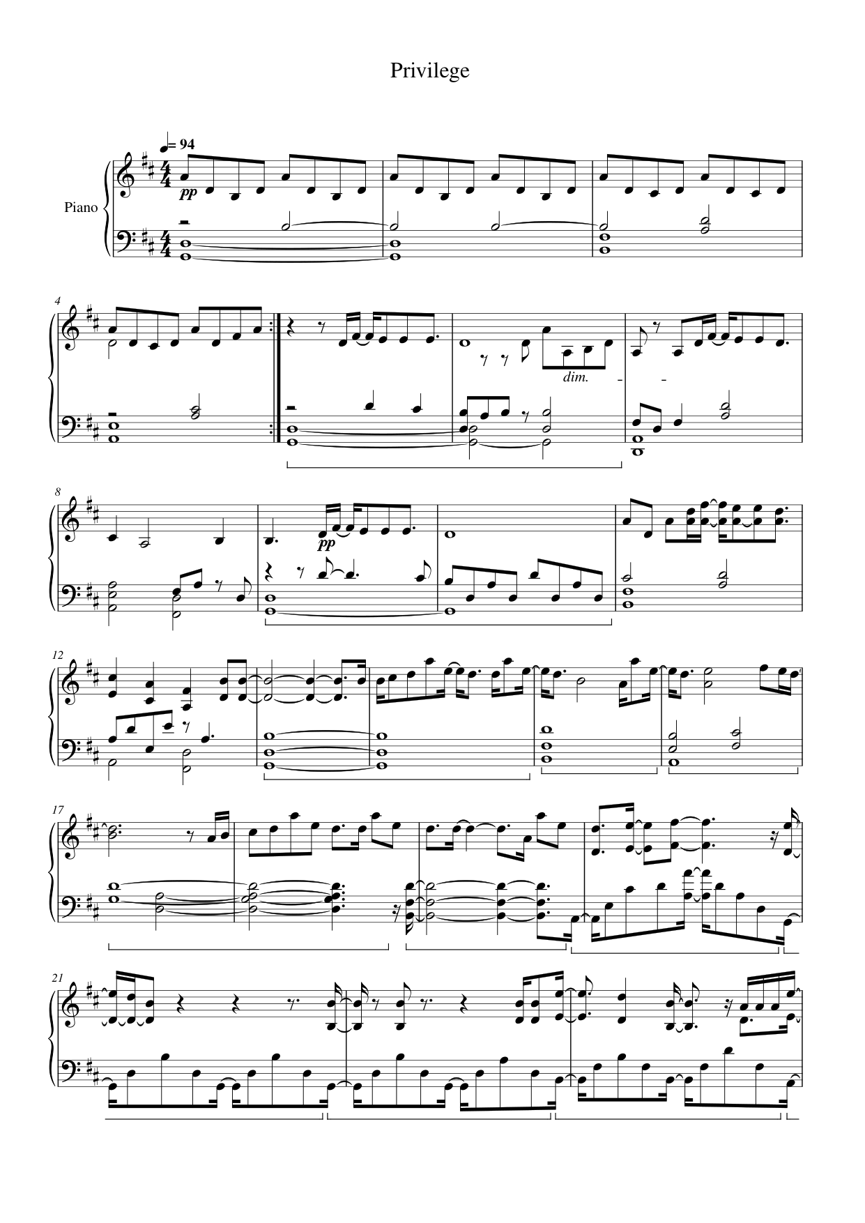 Privilege Piano Sheet Music Score Page 1